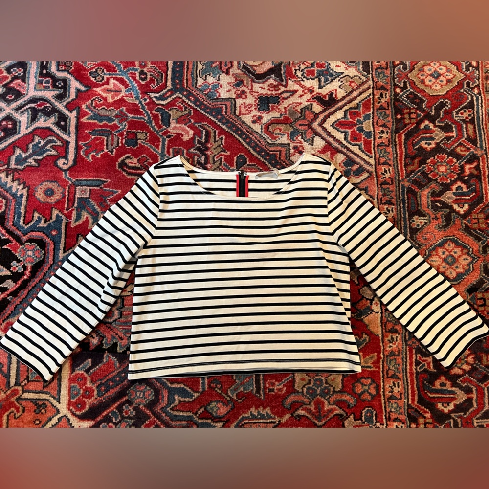Alice & Olivia Zip Back Striped Cropped Boatneck Shirt — Womens Large